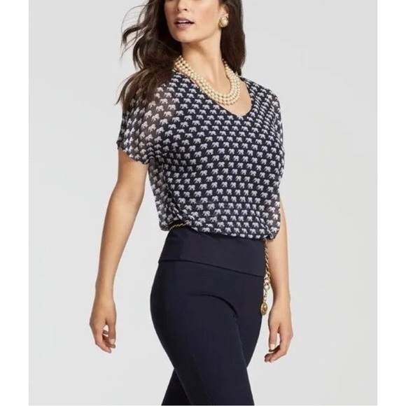 Cabi Navy Blue White Elephant Print Chiffon Overlay Layered Blouse Womens Sz S - Picture 1 of 13